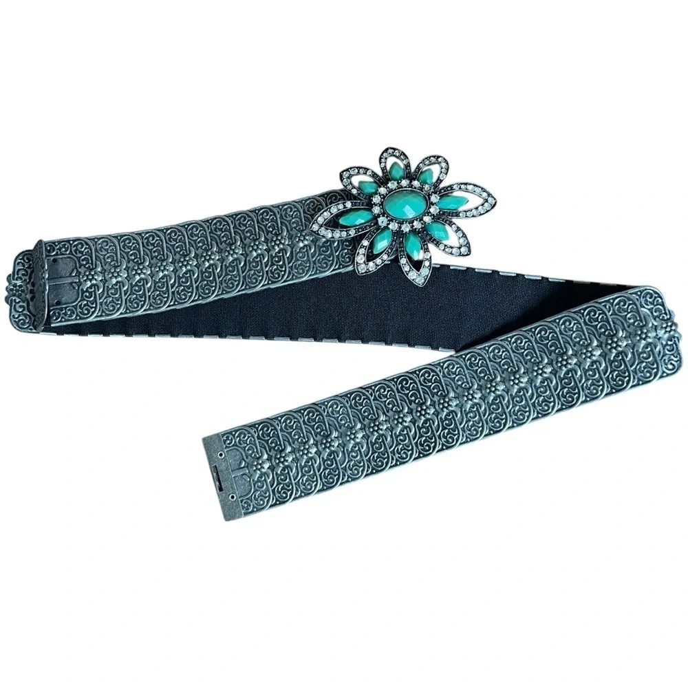 VTG 2000s Metal Stretch Statement Belt Rhinestone Flower Silver Tone Faux Jade